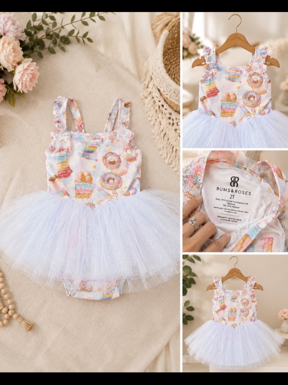 Bums & roses donut cupcake tulle tutu dress size 2t bamboo blue cream